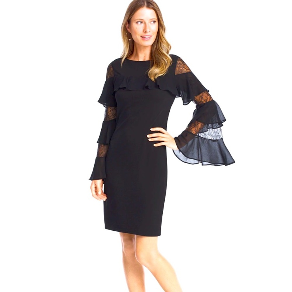 White House Black Market Ruffle Lace black shift dress
